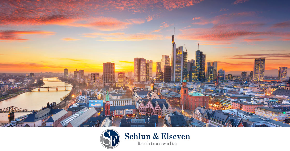 A cityscape of Frankfurt including Frankfurt skyline with the sun setting